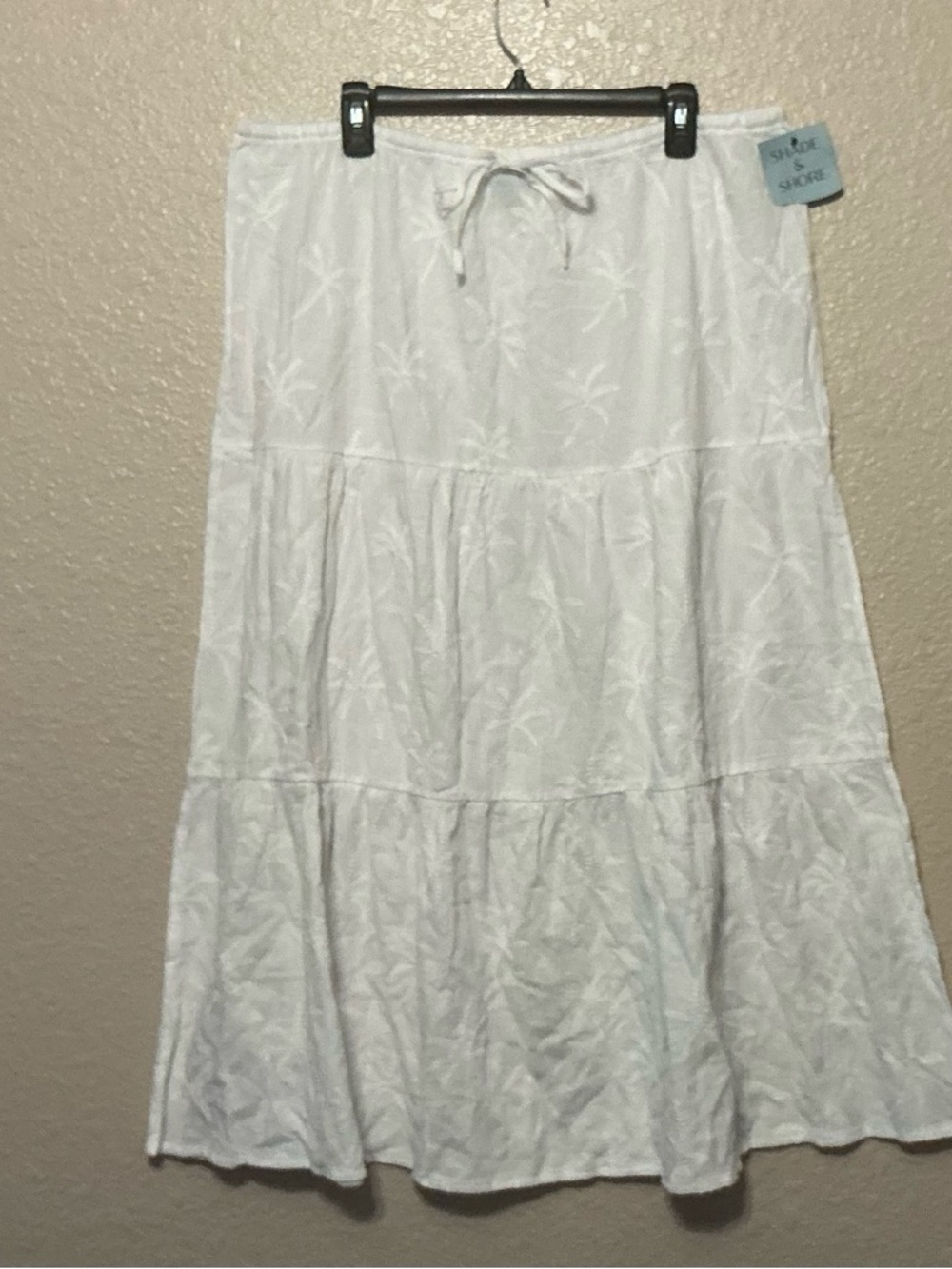 White Tiered Maxi Skirt with Embroidered Palm Tree Pattern